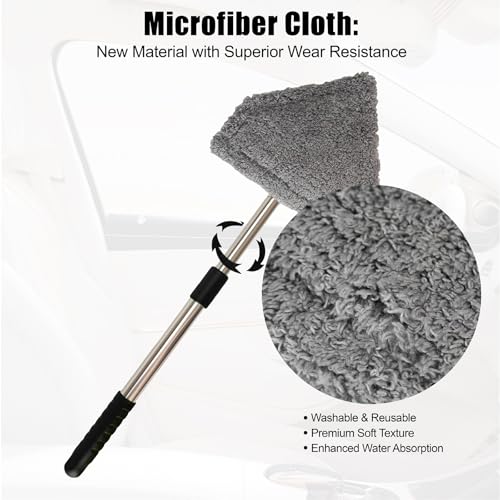 Conliwell Windshield Car Cleaning Tool, 13-16.7-inch Extendable Handle with 180-Degree Rotation and 4 Reusable Microfiber Cloth Heads, Suitable for Cleaning Car Windows Inside and Out (Black)