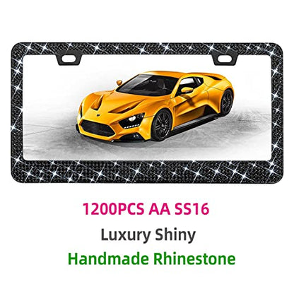 Bling Rhinestone License Plate Frame for Women 2PC, Sparkly Stainless Steel Frames & Over 1200 pcs Finest 14 Facets Black Glass Crystals Premium Diamond+GiftBox(Black) - color: Black-2PK