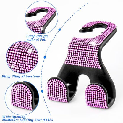 Bling Car Purse Hooks 2Pcs, Durable Car Headrest Hook, Holds 44Lbs, Double-Hooks, Wide-Opening, Rhinestone Automobile Purse Hangers Holder, Bling Car Accessories for Women, Pink - color: Bling Pink
