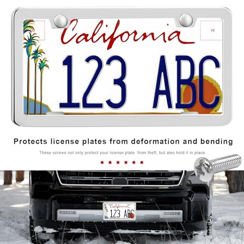 2PCS License Plate Frames, 2 Holes Rust-Proof Metal Car Tag Holder with Washers Screws Chrome Caps, Heavy Duty Stainless Steel Polished Frame for Front & Rear License Plates