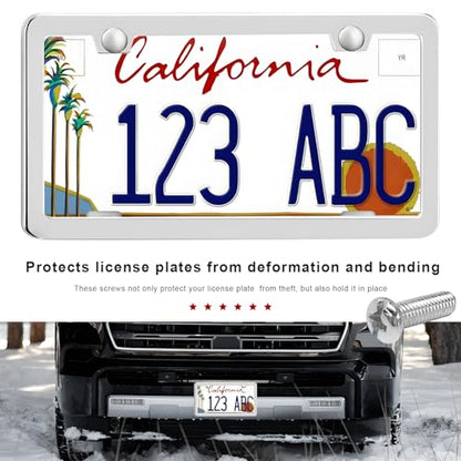 2PCS License Plate Frames, 2 Holes Rust-Proof Metal Car Tag Holder with Washers Screws Chrome Caps, Heavy Duty Stainless Steel Polished Frame for Front & Rear License Plates