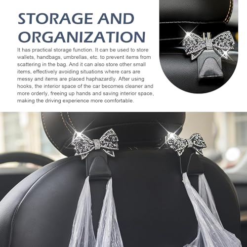 2 PCS Bling Car Seat Headrest Hooks, Crystal Rhinestone Bow Vehicle Hooks, Automotive Purse Hook Hanger for Purses Bags Groceries, Universal Car Rear Seat Organizer (Black) - color: Black