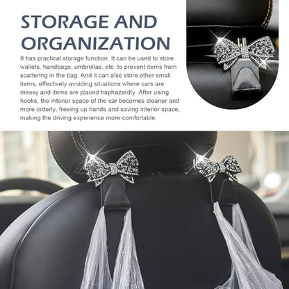 2 PCS Bling Car Seat Headrest Hooks, Crystal Rhinestone Bow Vehicle Hooks, Automotive Purse Hook Hanger for Purses Bags Groceries, Universal Car Rear Seat Organizer (Black) - color: Black