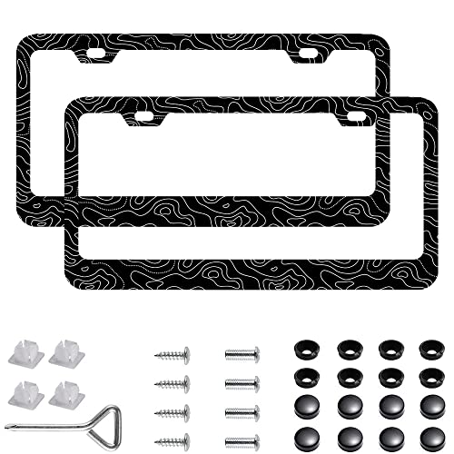 2 Pack Topographic | Topography | Map | Exploration | Discovery License Plate Frames, Stainless Steel License Plate Cover with Screw Caps Cover and Screwdriver Set - 2-Hole - color: Topographic