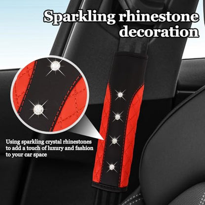 Hovom 2PCS Bling Car Seat Belt Cover Pad, Leather Seatbelt Covers for Cars, Soft Safety Seatbelt Shoulder Strap Covers, Rhinestone Auto Seat Belt Protector Cushion for Women Girls (Red) - color: Red