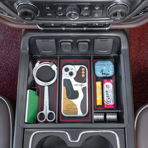 PIMCAR Center Console Organizer Tray for 2014-2018 Chevy Silverado GMC Sierra 1500 & 2015-2019 2500HD/3500HD Models - Custom Fit Storage Insert Accessories - Red Trim - color: Red