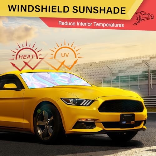 Iridescent Sun Shade for Car Windshield, Foldable Universal Car Windshield Upgrade Sunshade Enhanced UV Rays Reflective Sun Visor Shade Keeps Vehicle Cool - color: Silver- Colorful, 57"x31.5"