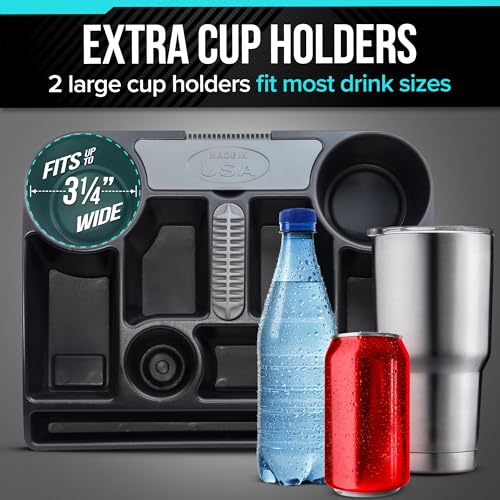Moblorg Vehicle Seat Organizer Car Storage Caddy with Carrying Handle, 2 Large Cup Holders, 10 Compartments, Hidden Extra Storage, Fits Most Vehicles, Made in USA from Recycled Plastic