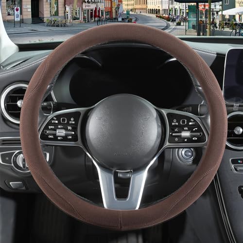 14 inch Brown Suede Steering Wheel Cover, Breathable Non-Slip Sweat-Proof Wear-Resistant No Pilling, Warm in Winter and Cool in Summer - color: Brown, size: Round-S[13.5''-14'']