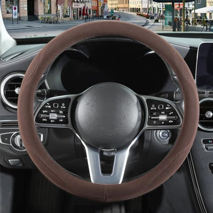 14 inch Brown Suede Steering Wheel Cover, Breathable Non-Slip Sweat-Proof Wear-Resistant No Pilling, Warm in Winter and Cool in Summer - color: Brown, size: Round-S[13.5''-14'']
