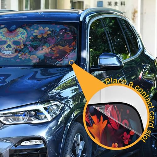 Windshield Sun Shade Abstract Sugar Skull Front Window Block UV Shades Visor Reflective Retractable for Car SUV Trucks - color: F002