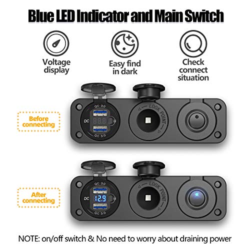 Cigarette Lighter Socket 12V Splitter with Rocker Toggle Switch, Dual Quick Charge 3.0 Aluminum Metal 12 Volt USB Outlet with LED Voltmeter, Waterproof Cigarette Lighter Adapter Female Socket Plug DC