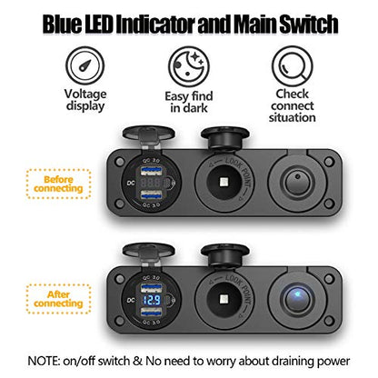 Cigarette Lighter Socket 12V Splitter with Rocker Toggle Switch, Dual Quick Charge 3.0 Aluminum Metal 12 Volt USB Outlet with LED Voltmeter, Waterproof Cigarette Lighter Adapter Female Socket Plug DC