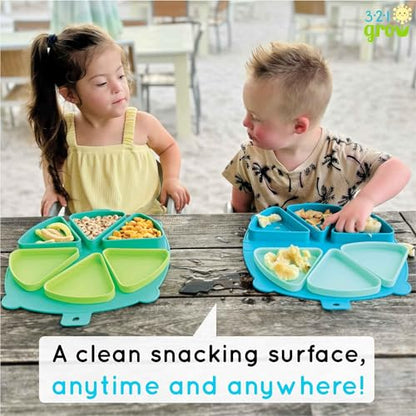 Silicone On-The-Go Snack Mat – Foldable Reusable Placemat with 3 Compartments and Lids – Travel-Friendly Baby and Toddler Snack Plate – Dishwasher Safe (Ocean) - color: Ocean