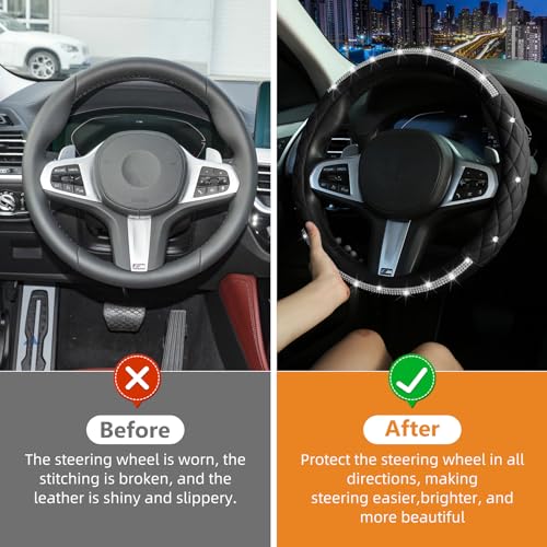 Steering Wheel Cover，with Sparkly Crystal Rhinestone, Delicate and Anti-Slip Bling Steering Wheel Cover ，Adaptable to 14.5-15 inches Car Wheel Protector for Women Girl，Diamond Car Accessories, Black - color: Black