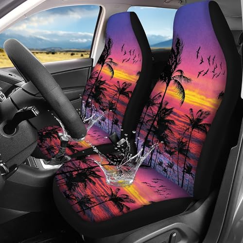 Sunset Beach Palms Print Purple Car Seat Covers,Waterproof Universal Front Seats Covers for Car,SUV Sedan,Truck - color: Purple Sunset Beach Palms