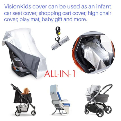 VisionKids Baby Car Seat Sun Shade Cover with Free Storage Bag Included | Infant Car Seat Heat Protector | UV Protection Cooler Cover | Keeps Toddler Seat Cool in Baby Car | Travel Accessories Silver