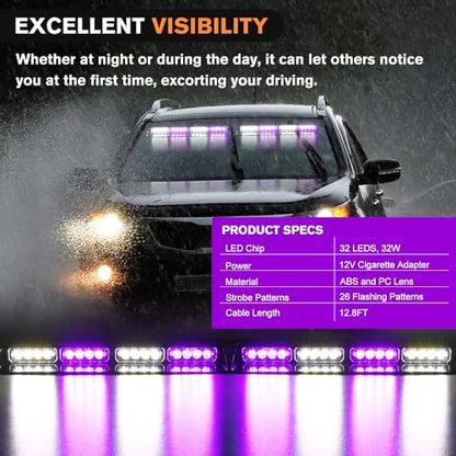 Nilight 32LED Purple White Emergency Dash Strobe Lights with Controller Suction Cups Warning Hazard Interior Front/Rear Windshield Deck Split Light Bar for Truck Construction Vehicle - color: Purple and White
