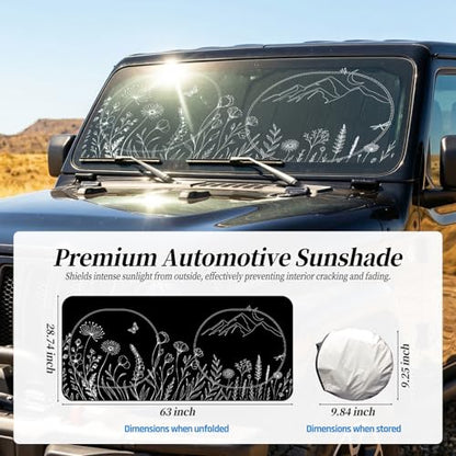 63"x28.5" Car Windshield Sun Shade with Storage Pouch, Stylish Printed Front Window Sunshade with Double Ring Frame, Universal Fit Foldable Heat Blocker & UV Protector for SUV, Sedan (Line Plants) - color: Line Plants