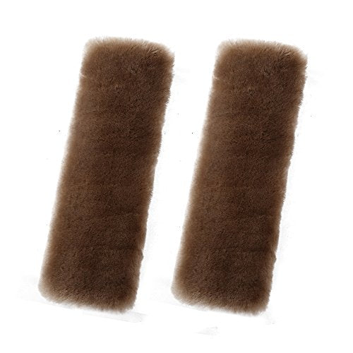 U&M 2 Pack Genuine Sheepskin Auto Seat Belt Cover for Adult Youth Kid Toddlers -Soft Warm Car, Truck, SUV, Camera Backpack Strap Shoulder Pad Wool Fluffy - color: Tan
