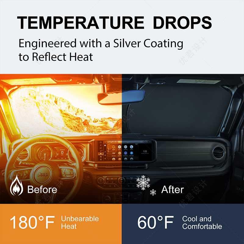 for 2018-2026 Jeep Wrangler - Premium Sunshade for Wrangler JL JLU & 2020-2026 Jeep Gladiator, Front Windshield Sun Shade Blocks UV Rays Foldable Visor with Storage Pouch - size: For Jeep Wrangler 2018-2026
