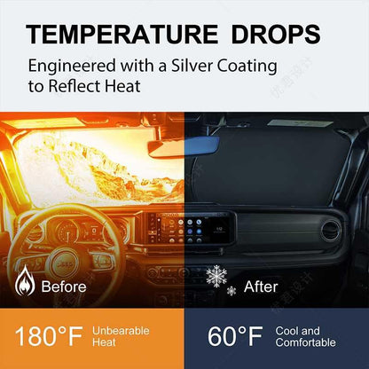 for 2018-2026 Jeep Wrangler - Premium Sunshade for Wrangler JL JLU & 2020-2026 Jeep Gladiator, Front Windshield Sun Shade Blocks UV Rays Foldable Visor with Storage Pouch - size: For Jeep Wrangler 2018-2026