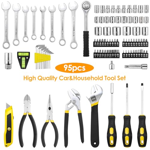 TLGREEN 95 Piece Tool Set, Tool Kit, Mechanics Tool Set, Portable Toolbox with Adjustable Wrench Pliers Socket Bits, with Plastic Toolbox Storage Case, for House Apartment Garage (Yellow) - color: Yellow