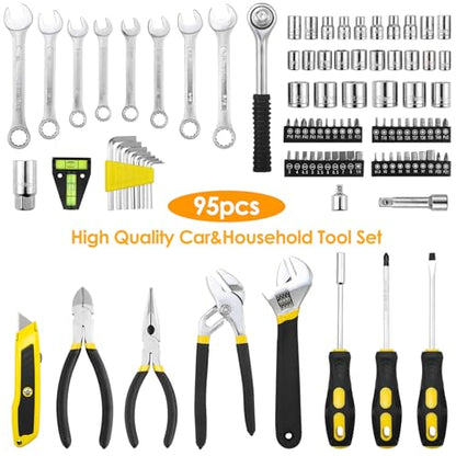 TLGREEN 95 Piece Tool Set, Tool Kit, Mechanics Tool Set, Portable Toolbox with Adjustable Wrench Pliers Socket Bits, with Plastic Toolbox Storage Case, for House Apartment Garage (Yellow) - color: Yellow