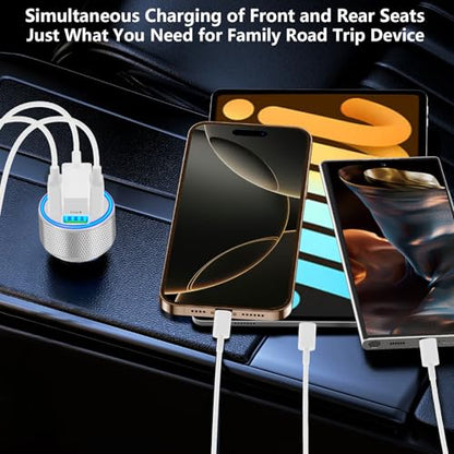 USB Car Charger, Stuffcool 60W Dual USB-A + QC3.0 Power Cigarette Lighter Adapter 4-Port Car Charger Carplay Fast Charging for iPhone 17 17 Pro Max 16 15 14 13 12/Galaxy S26 S25 S24 S23/Pixel 9 8/iPad - color: Matte Silver