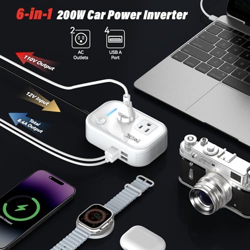 200W Car Power Inverter, FOVAL 12V DC to 110V AC Car Inverte with 4 USB Ports Car Outlet Adapter, Power Inverter for Vehicles, Car Plug Adapter Outlet for Laptop Computer Charger (White) - color: White