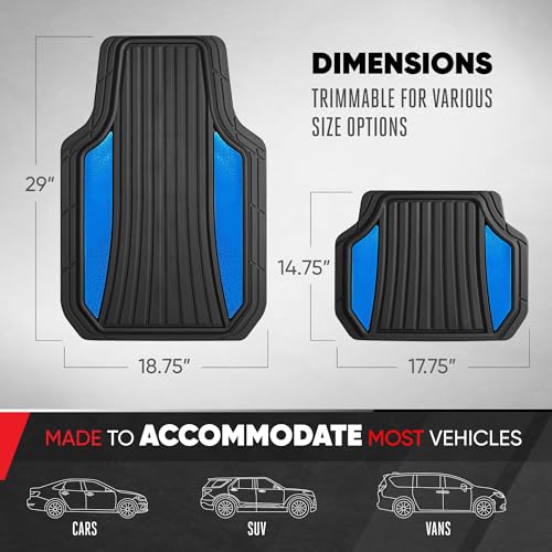 Motor Trend ChromeTech Car Floor Mats Full Set - Durable Rubber Floor Mats for Cars with Two Tone Accent, All Weather Interior Protection for Front and Rear with Non-Slip Backing, Black/Blue