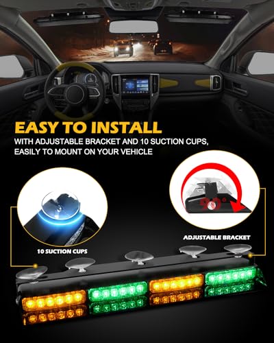 HLauto 604N Emergency Dash Strobe Lights: 2x16.8 inch Green Amber Security Light w/Take Down, 48 LED Safety Flashing Warning Hazard Interior Windshield Light Bar for Trucks Vehicles - color: #03 Amber / Green