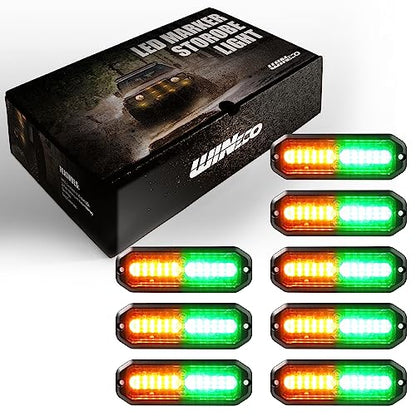 WINECO Green/Amber led strobe lights for trucks 8pcs 12-LED Surface Mount Flashing Strobe Lights kit for Trucks Car Vehicles LED Mini Grille Grill Strobe Light Head Emergency Hazard Warning lights - color: Green/Amber