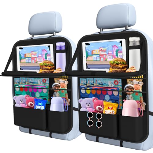 Car Backseat Organizer with table Tray, 9 Storage Pockets Backseat Car Organizer with Tablet Holder, Back seat Organizer for Kids Road Trip Essentials Travel (1Pack) - style: 1Pack with Food Tray-Black