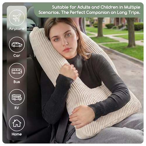 HIGOGOGO Washable Travel Pillow, Car Pillow for Kids & Adults, Travel Pillows with Removable Soft Cover and High-Support Foam, Fix Neck and Body Sitting/Sleeping on The Trip, Beige - color: U-beige