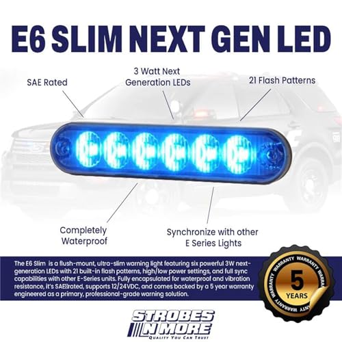 Strobes N More E6 Slim 6-LED Ultra-Thin Strobe Warning Light - 21 Flash Patterns, Synchronizable, Waterproof Primary Warning Lighthead - Amber/White - color: Amber/White