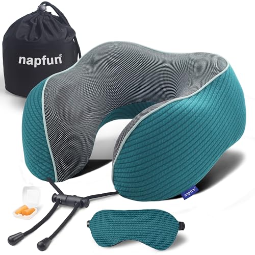 napfun Neck Pillow for Travel with Travel Pouch, Sleep Mask & Earplugs, Memory Foam Airplane Pillow for Headrest Sleep with Eyeshades, Plane Essentials with Eye Blindfold, Teal Striped Kit - color: Teal Striped Kit