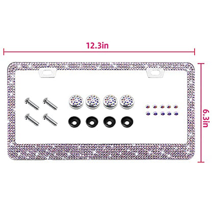 Bling Rhinestone License Plate Frame for Women Teen Girls，White Diamond Sparkly Stainless Steel Frames & Over 1200 pcs Finest 14 Facets Round-Cut Glass Crystals Premium Diamond+GiftBox(Colorful) - color: Colorful