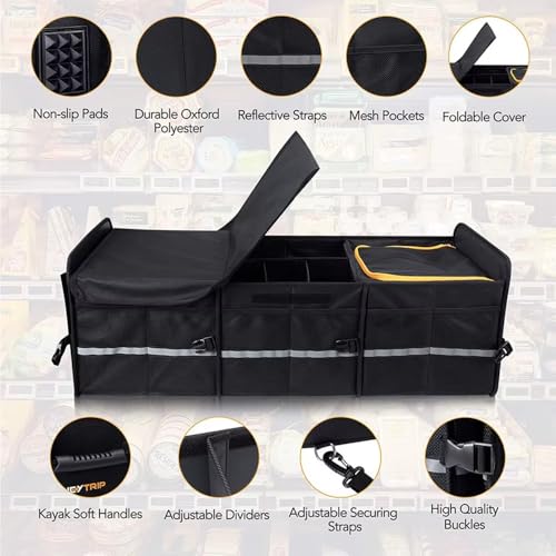 Extra Large Car Trunk Organizer with Insulated Leakproof Cooler, Heavy Duty 2mm PE Board, Adjustable Compartments with 4 Removable Dividers, 2 Securing Straps, Foldable SUV & Truck Storage Organizer