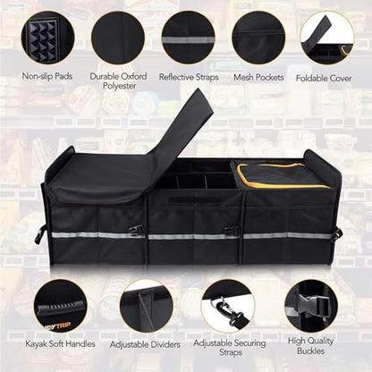 Extra Large Car Trunk Organizer with Insulated Leakproof Cooler, Heavy Duty 2mm PE Board, Adjustable Compartments with 4 Removable Dividers, 2 Securing Straps, Foldable SUV & Truck Storage Organizer