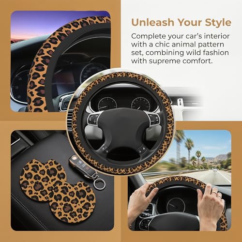 Leopard Print Steering Wheel Cover for Women, Universal Fit 14-15 Inch, Breathable Anti-Slip Car Wheel Protector with 2 Coasters, Cheetah Animal Print Design - color: Brown Leopard