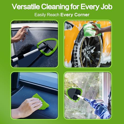 Windshield Cleaner Tool 22.5" L - Car Interior&Exterior Window Cleaning Kit with Extendable Handle&4 Microfiber Pads and Thick Large Wash Sponge, Auto Glass Wiper Brush Kit for Cars Home (7pcs Green) - color: Green