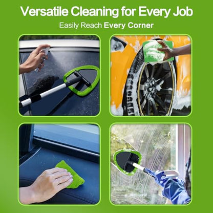 Windshield Cleaner Tool 22.5" L - Car Interior&Exterior Window Cleaning Kit with Extendable Handle&4 Microfiber Pads and Thick Large Wash Sponge, Auto Glass Wiper Brush Kit for Cars Home (7pcs Green) - color: Green