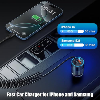 USB C Car Charger, 38W Dual Ports USBC & USB-A Cigarette Lighter Adapter Fast Charging Phone Plug with Bulit-in 1.2m Coiled Cable for iPhone 17 Pro Max,16,16e,15, 14, 13, Galaxy S25, S24, Pixel 7 - color: 1-Pack Black