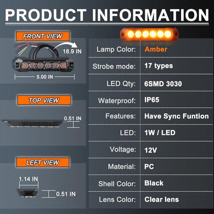 6-LED Amber Emergency Strobe Light Bar, 2PCS Safety Warning Flashing Beacon Sync Feature Lights, Caution Hazard Grille Surface Mount Lamp for Vehicles Trucks Buses ATVS RV Tows Cars