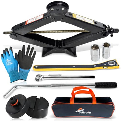Car Jack Kit with Tesla Pad & Universal Rubber Pad 3 Ton (6,600 lbs) | Scissor Jack for Car - Tire Jack Tool Kit | Portable, Ideal for SUV and Auto - Universal Emergency Kit with Lug Wrench - size: Car Jack Kit 3 Ton + pads/gloves/tire press
