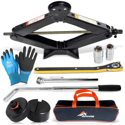 Car Jack Kit with Tesla Pad & Universal Rubber Pad 3 Ton (6,600 lbs) | Scissor Jack for Car - Tire Jack Tool Kit | Portable, Ideal for SUV and Auto - Universal Emergency Kit with Lug Wrench - size: Car Jack Kit 3 Ton + pads/gloves/tire press