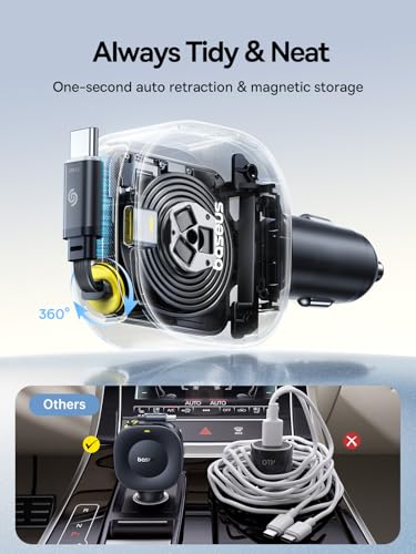 Baseus Ultra-Mini Retractable Car Charger USB C, 60W Fast Charging Car Charger with Retractable USB C Cable for iPhone 17 16 15 Pro Max, Samsung Galaxy S25 Ultra, Android, iPad, AirPods - color: 60W