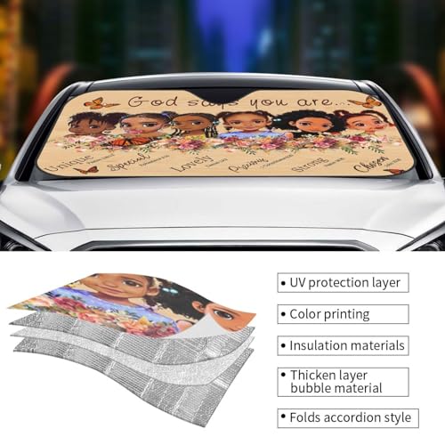 African American Windshield Sunshade Black Queen Girl Windshield Sun Shade, Foldable Auto Sunshade for Car Truck SUV Auto