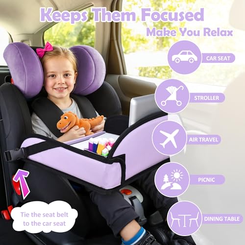 Kids Travel Tray for Toddler Carseat, Road Trip Activities Essentials for Toddler, Kids Lap Desk Tray with Tablet Holder Stand ＆ Dry Erase Board (Purple) - color: Purple